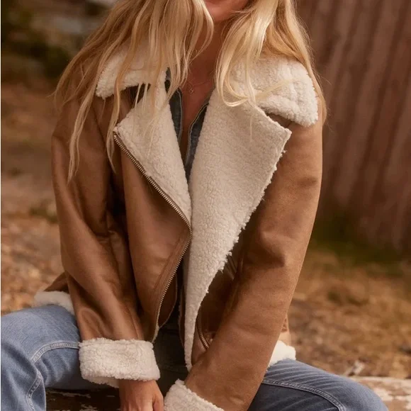 Gentle Fawn Sherpa-Lined Suede Aviator Jacket in Tan - Picture 1 of 8